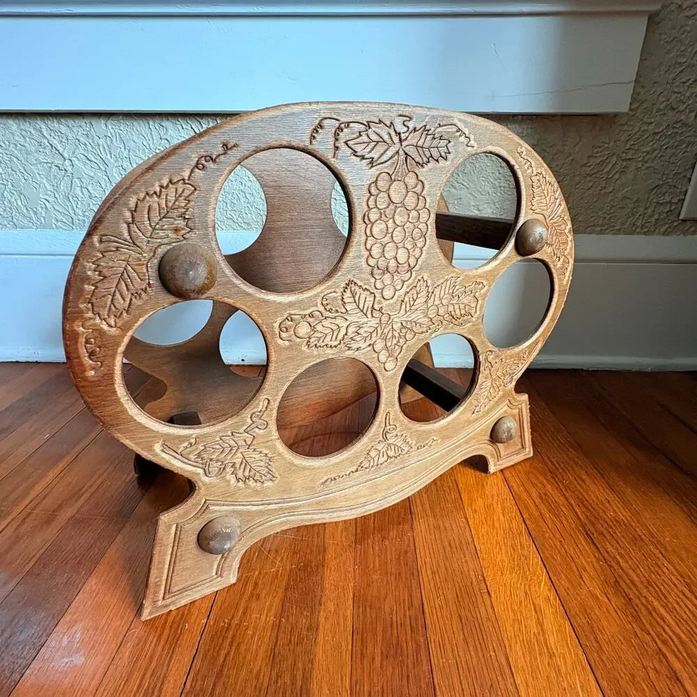 Vintage Carved Wood Wine Bottle Holder, Grape Motif Tabletop Wine Rack